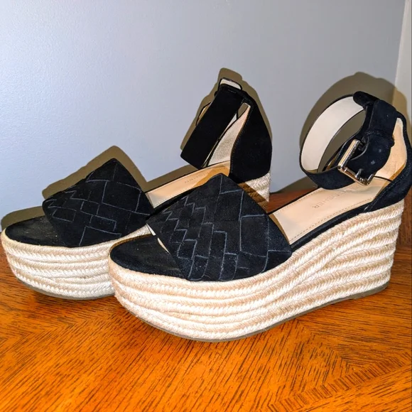 MARC FISHER VARIN Espadrille Wedge Platform Black Leather Suede Sandals  Sz 8M - Picture 4 of 14